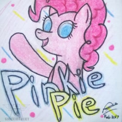 Size: 600x599 | Tagged: safe, artist:shockwavejet, pinkie pie, earth pony, pony, looking at you, open mouth, simple background, smiling, solo, traditional art, waving