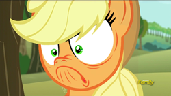 Size: 640x360 | Tagged: safe, edit, edited screencap, screencap, applejack, earth pony, pony, no second prances, tanks for the memories, angry, discovery family logo, do i look angry, face swap, faic, solo, unamused