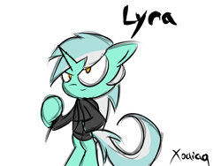 Size: 3000x2250 | Tagged: safe, artist:xodiaq, lyra heartstrings, pony, unicorn, bipedal, clothes, concept art, equestrian assassins, hoodie, simple background, smiling, solo, white background