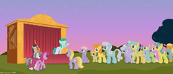 Size: 3863x1652 | Tagged: safe, artist:bluemeganium, apple cobbler, berry punch, berryshine, carrot top, cloud kicker, cloudchaser, flitter, golden harvest, lemon hearts, linky, merry may, noi, octavia melody, rainbowshine, sea swirl, seafoam, shoeshine, spring melody, spring skies, sprinkle medley, sunshower raindrops, twinkleshine, earth pony, pegasus, pony, unicorn, apple family member, audience, background pony, cello, cheering, clothes, crowd, dress, dusk, eyes closed, female, filly, mare, music, musical instrument, raised hoof, siblings, singing, sisters, sitting, sky, stage, stars, sunset, vector