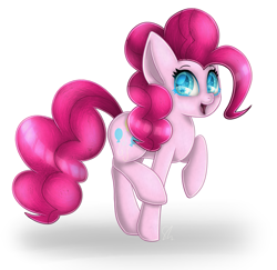 Size: 1257x1222 | Tagged: safe, artist:skashigame, pinkie pie, pony, colored pupils, looking at you, looking sideways, open mouth, raised hoof, raised leg, simple background, smiling, solo, walking, white background