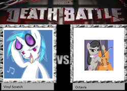 Size: 1008x720 | Tagged: safe, dj pon-3, octavia melody, vinyl scratch, earth pony, pony, unicorn, black mane, death battle, female, gray coat, horn, mare, two toned mane, white coat