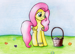 Size: 1197x863 | Tagged: safe, artist:songbirdserenade, fluttershy, pegasus, pony, basket, easter, easter basket, easter bunny, easter egg, easter egg hunt, female, looking at something, looking down, smiling, solo, standing, traditional art