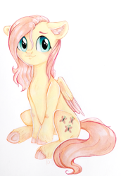 Size: 2000x2900 | Tagged: safe, artist:rizzych, fluttershy, pegasus, pony, colored hooves, colored wings, ear fluff, floppy ears, high res, looking at you, simple background, sitting, solo, underhoof, unshorn fetlocks, white background
