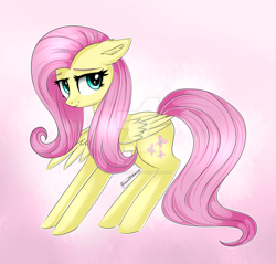 Size: 1024x979 | Tagged: safe, artist:queenofsilvers, fluttershy, pegasus, pony, ear fluff, looking at you, looking sideways, solo, watermark