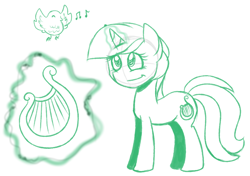 Size: 1250x881 | Tagged: safe, artist:nerdy-ariel, lyra heartstrings, bird, pony, unicorn, commission, lyre, magic, monochrome, simple background, sketch, smiling, solo, telekinesis, white background