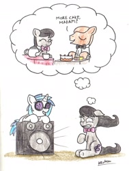 Size: 1628x2154 | Tagged: safe, artist:bobthedalek, dj pon-3, octavia melody, vinyl scratch, earth pony, pony, unicorn, amplifier, backwards cutie mark, cake, dream, duo, female, funny, happy place, teapot, waiter