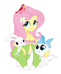 Size: 816x980 | Tagged: safe, angel bunny, fluttershy, bird, cat, rabbit, equestria girls, equestria girls (movie), boots, bow, clothes, cute, high heel boots, kitten, mitsy, shyabetes, skirt, socks