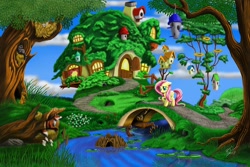 Size: 1200x800 | Tagged: safe, artist:tensik, fluttershy, fox, otter, pegasus, pony, rabbit, raccoon, animal, bird house, female, fluttershy's cottage, house, log, nest, river, tree, water