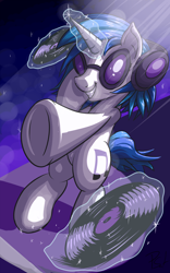 Size: 1250x2000 | Tagged: safe, artist:dappercat-uk, dj pon-3, vinyl scratch, pony, bipedal, grin, headphones, magic, record, smiling, solo, telekinesis, underhoof