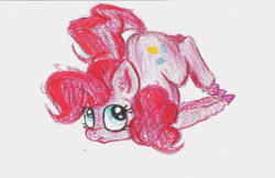 Size: 1985x1287 | Tagged: safe, artist:paskanaakka, derpibooru exclusive, pinkie pie, earth pony, pony, colored hooves, colored pencil drawing, faceplant, simple background, solo, traditional art