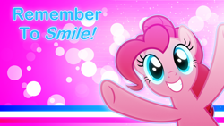 Size: 3840x2160 | Tagged: safe, artist:game-beatx14, artist:sollace, derpibooru import, edit, pinkie pie, earth pony, pony, female, mare, smiling, solo, text, wallpaper, wallpaper edit