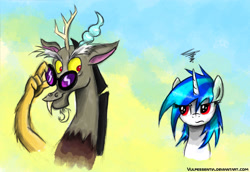 Size: 2620x1803 | Tagged: safe, artist:vulpessentia, discord, dj pon-3, vinyl scratch, pony, unicorn, accessory swap, duo, eye clipping through hair, unamused, vinyl is not amused, wrong eye color