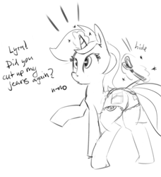 Size: 712x780 | Tagged: artist needed, safe, lyra heartstrings, pony, unicorn, clothes, daisy dukes, dialogue, magic, monochrome, plot, scissors, solo, telekinesis