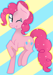 Size: 382x547 | Tagged: safe, artist:kawaiirainbow220, pinkie pie, earth pony, pony, one eye closed, solo, striped background, wink