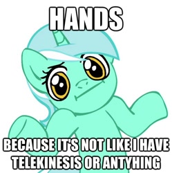 Size: 621x624 | Tagged: safe, lyra heartstrings, :i, hand, image macro, looking at you, shrug, shrugpony, solo, text