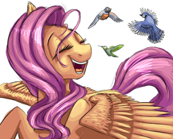 Size: 2500x2000 | Tagged: safe, artist:eggoat, fluttershy, bird, pegasus, pony, eyes closed, female, happy, mare, open mouth, simple background, singing, spread wings, transparent background, wings