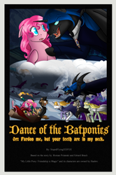 Size: 1648x2486 | Tagged: safe, artist:stuflox, doctor whooves, fluttershy, igneous rock pie, nightmare moon, pinkie pie, prince blueblood, oc, alicorn, bat pony, bat pony alicorn, pony, bat pony oc, bat wings, blackletter, candle, casket, clothes, cover, crossover, dance of the vampires, dress, fangs, fire, musical, open mouth, parody, pinkamena diane pie, poster