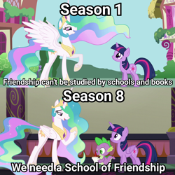 Size: 2048x2048 | Tagged: safe, edit, edited screencap, screencap, princess celestia, spike, twilight sparkle, twilight sparkle (alicorn), unicorn twilight, alicorn, dragon, pony, unicorn, friendship is magic, school daze, season 1, season 8, spoiler:s08, animation error, drama, ethereal mane, female, implied school of friendship, male, mare, meme, op is a cuck, ponyville, princess celestia's school for gifted unicorns, school of friendship