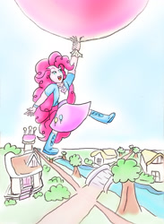 Size: 1216x1664 | Tagged: safe, artist:tanishi194, pinkie pie, equestria girls, balloon, clothes, floating, skirt, solo, then watch her balloons lift her up to the sky