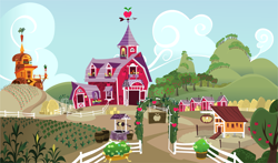 Size: 3663x2160 | Tagged: safe, derpibooru import, assets, background, barn, carrot house, chicken coop, corn field, farm, no pony, partly cloudy, sweet apple acres, sweet apple acres barn, wallpaper, well