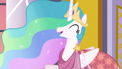 Size: 1920x1080 | Tagged: safe, screencap, princess celestia, alicorn, pony, make new friends but keep discord, clothes, crown, cute, cutelestia, dress, ethereal mane, eyes closed, female, flowing mane, folded wings, gala, gala dress, having fun, jewelry, mare, multicolored mane, open mouth, regalia, sillestia, silly, smiling, sparkling mane, talking