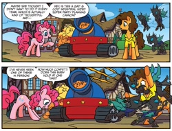 Size: 1315x1004 | Tagged: safe, artist:tonyfleecs, idw, cheese sandwich, pinkie pie, changeling, earth pony, pony, spoiler:comic, spoiler:guardians of harmony, comic, female, male, mare, official comic, party tank, speech bubble, stallion