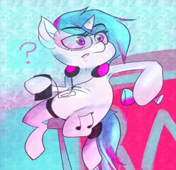 Size: 1280x1235 | Tagged: safe, dj pon-3, vinyl scratch, pony, unicorn, alcohol, ask-caballitodj, glasses, headphones, question mark, solo