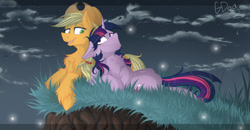 Size: 1000x521 | Tagged: safe, artist:mrgdog, applejack, twilight sparkle, twilight sparkle (alicorn), alicorn, earth pony, firefly (insect), pony, chest fluff, female, lesbian, mare, night, prone, shipping, stars, twijack, unshorn fetlocks