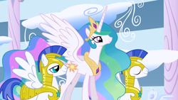 Size: 1280x720 | Tagged: safe, screencap, princess celestia, alicorn, pegasus, pony, sonic rainboom (episode), armor, cloudsdale, ethereal mane, female, male, mare, royal guard, smiling, spread wings, stallion, tail wrap, trio, wings