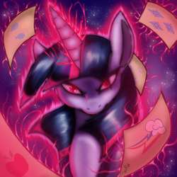 Size: 1680x1680 | Tagged: safe, artist:suirano, derpibooru import, twilight sparkle, pony, unicorn, bust, corrupted, glowing eyes, glowing horn, magic, portrait, solo