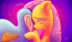 Size: 1920x1135 | Tagged: safe, artist:halem1991, fluttershy, dodo, pegasus, pony, bust, crying, duo, eyes closed, feels, if only, portrait, profile