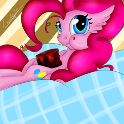 Size: 4499x4499 | Tagged: safe, artist:greenfox27, pinkie pie, earth pony, pony, absurd resolution, cake, eating, food, on back, solo