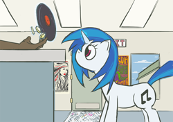 Size: 800x562 | Tagged: safe, artist:acidandgrit, dj pon-3, vinyl scratch, human, bits, buying, coin, hand, levitation, magic, poster, record, store, telekinesis