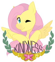 Size: 1920x2153 | Tagged: safe, artist:ponipoke, fluttershy, pegasus, pony, bust, element of kindness, looking at you, looking sideways, one eye closed, portrait, simple background, smiling, solo, spread wings, white background, wings, wink