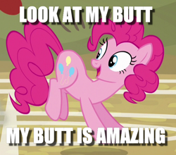 Size: 640x562 | Tagged: safe, edit, edited screencap, screencap, pinkie pie, earth pony, pony, buckball season, amazing horse, image macro, meme, reference, solo