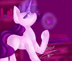 Size: 945x800 | Tagged: safe, artist:penpale-heart, rarity, pony, unicorn, female, glowing horn, horn, lidded eyes, magic, mare, missing cutie mark, raised hoof, solo, telekinesis, thread