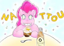 Size: 2016x1440 | Tagged: safe, artist:tanishi194, pinkie pie, earth pony, pony, beans, food, japanese, kikkoman, natto, nattou, solo