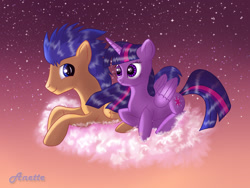 Size: 1000x750 | Tagged: safe, artist:anna-krylova, derpibooru import, flash sentry, twilight sparkle, twilight sparkle (alicorn), alicorn, pony, cloud, female, flashlight, male, mare, prone, shipping, stars, straight