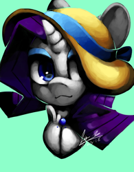 Size: 1280x1643 | Tagged: safe, artist:penpale-heart, rarity, pony, unicorn, bust, clothes, eyeshadow, female, hat, hat over eyes, makeup, mare, simple background, solo