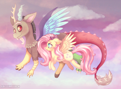 Size: 1280x939 | Tagged: safe, artist:fallenpeach, discord, fluttershy, draconequus, pegasus, pony, blushing, bow, cute, discoshy, discute, female, flying, hair bow, male, mare, ribbon, shipping, spread wings, straight, wings