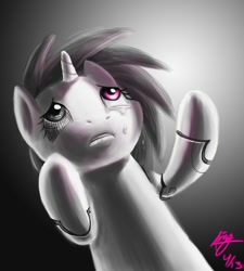 Size: 847x943 | Tagged: safe, artist:244705, dj pon-3, vinyl scratch, cyborg, pony, unicorn, amputee, crying, i never asked for this, solo