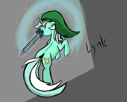 Size: 1000x800 | Tagged: safe, artist:tamseph, lyra heartstrings, pony, unicorn, bipedal, crossover, earring, floppy ears, glare, hat, looking back, lynk, mouth hold, piercing, rearing, solo, sword, the legend of zelda