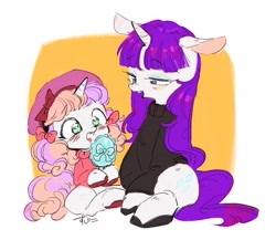 Size: 660x574 | Tagged: safe, artist:29axa, rarity, sweetie belle, pony, unicorn, abstract background, alternate hairstyle, beatnik rarity, blushing, clothes, cute, diasweetes, duo, female, filly, hairbrush, lidded eyes, mare, mirror, no pupils, open mouth, siblings, sisters, sweater