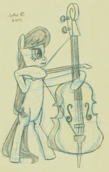 Size: 853x1351 | Tagged: safe, artist:bubsakavermin, octavia melody, earth pony, pony, archery, bipedal, bow (instrument), cello, monochrome, musical instrument, solo, strings