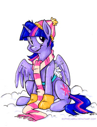 Size: 577x750 | Tagged: safe, artist:spainfischer, derpibooru import, twilight sparkle, twilight sparkle (alicorn), alicorn, pony, booties, clothes, female, looking at you, mare, scarf, sitting, snow, solo, traditional art