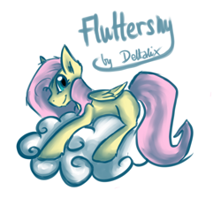 Size: 1000x1000 | Tagged: safe, artist:deltalix, fluttershy, pegasus, pony, cloud, folded wings, looking at you, looking sideways, missing cutie mark, name, profile, prone, simple background, smiling, solo, white background