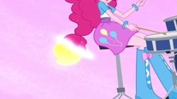 Size: 1280x720 | Tagged: safe, pinkie pie, equestria girls, rainbow rocks, balloon, better than ever, boots, bracelet, clothes, drum kit, drums, drumsticks, high heel boots, jewelry, musical instrument, ponied up, ponytail, skirt, solo, transformation
