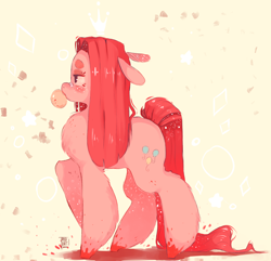 Size: 4664x4488 | Tagged: safe, artist:tamyarts, pinkie pie, earth pony, pony, abstract background, absurd resolution, bandaid, bubblegum, floppy ears, food, gum, pinkamena diane pie, solo