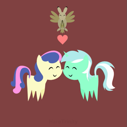 Size: 601x601 | Tagged: safe, artist:haretrinity, bon bon, lyra heartstrings, sweetie drops, earth pony, pony, unicorn, boop, eyes closed, female, happy, heart, lesbian, lyrabon, noseboop, nuzzling, pointy ponies, shipping, simple background, skvader, smiling